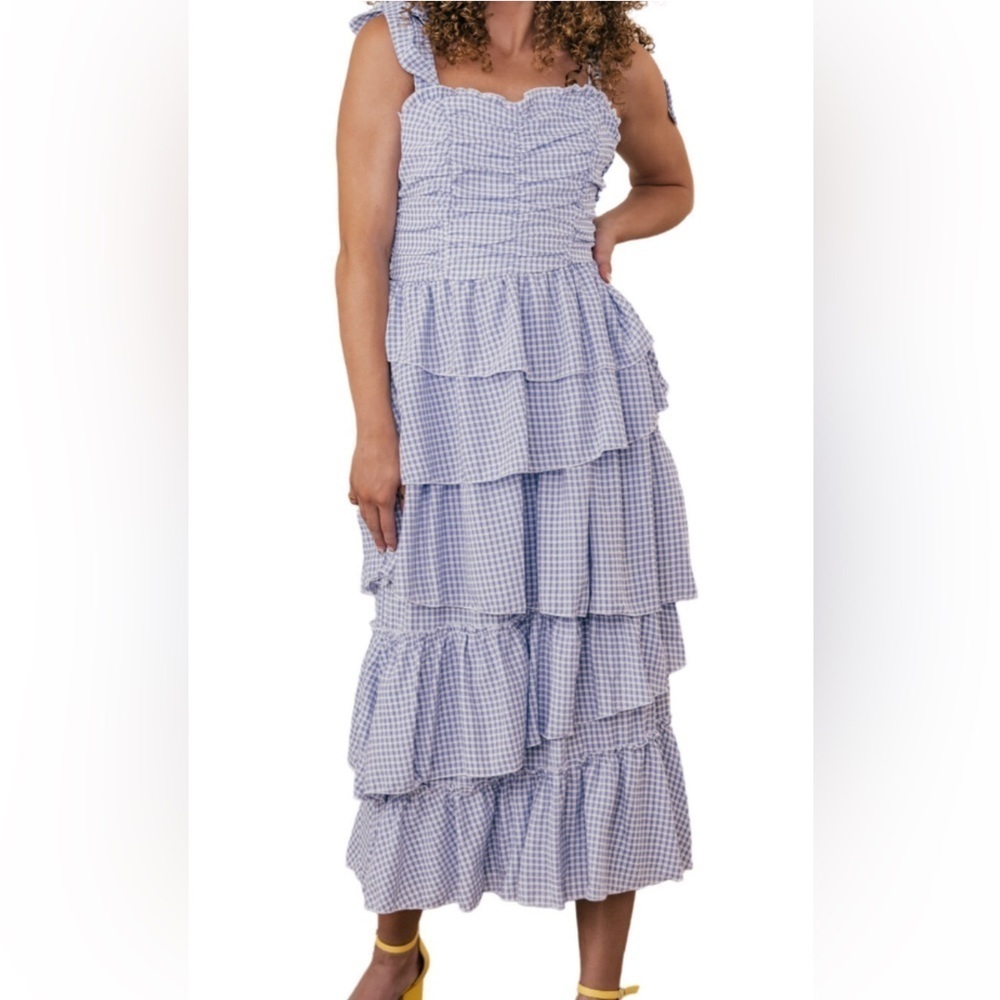 JessaKae Estella Gingham pattern smocked bodice, tiered ruffle dress S S A1
